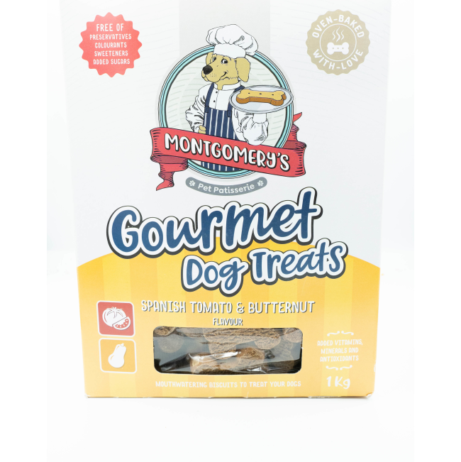 Montgomery’s Spanish Tomato and Butternut Dog Biscuits carton packaging with yellow colors
