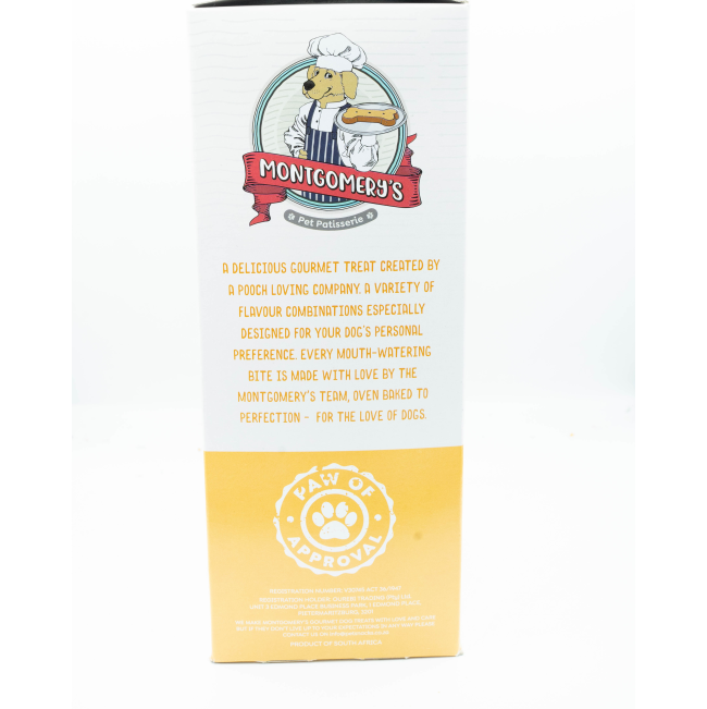Montgomery’s Spanish Tomato and Butternut Dog Biscuits side of carton box with information story