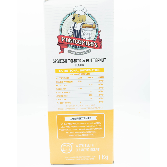 Montgomery’s Spanish Tomato and Butternut Dog Biscuits side of box with ingredients