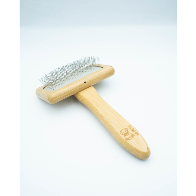Bamboo Slicker Brush for Dogs face up with bamboo handle and metal pin teeth