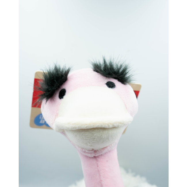 Rosewood Mister Twister Olga Ostrich Dog Toy close up of the face with pink neck and yellow beak