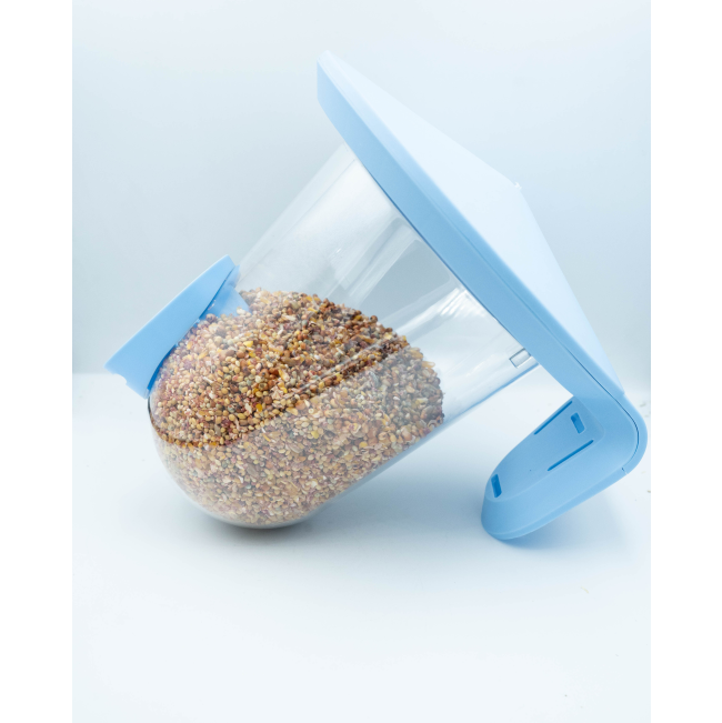 Singing Friend Seed Feeder For Birds side view of blue color with seeds inside