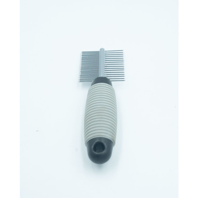 Combi Grooming Comb for Small Pets close up of rubber grey handle with black accents