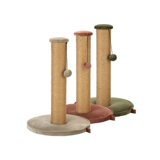 Sisal wrapped cat scratching post with hanging ball toy pink, green and white