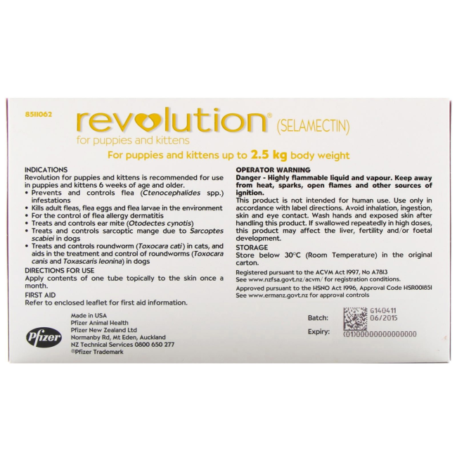 Revolution for Puppies and Kittens Mixed Parasite Spot On back of packaging with information