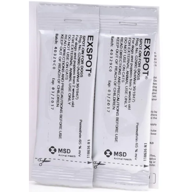Exspot Spot On Fly Treatment for Dogs pipette in packaging