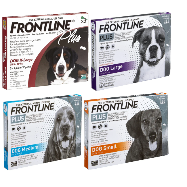 Frontline Plus for Dogs Tick & Flea Spot On Treatment 3 pack group shot in packaging