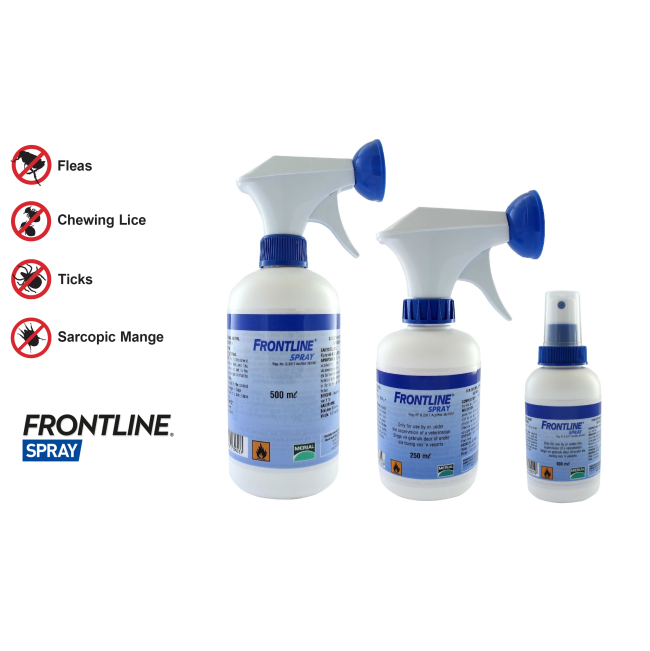 Frontline Spray Treatment for Tick & Fleas on Dogs and Cats group shot with what it treats on the side