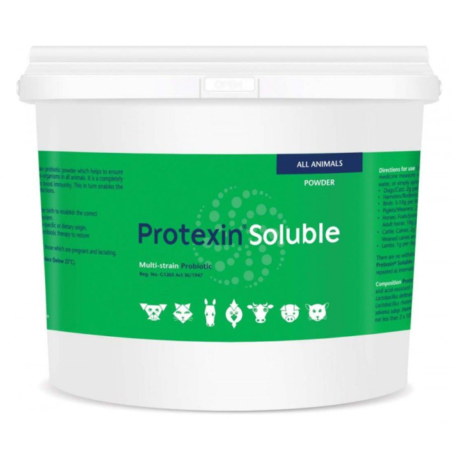 Protexin Soluble Probiotic Powder for Pets 1kg tub with green label and white bucket