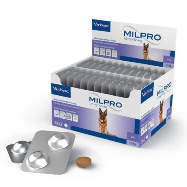 Milpro Deworming Tablet for Dogs carton of tablets with brown tablet and individual packaging