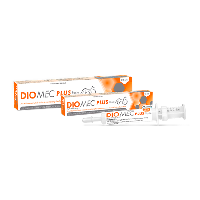 Diomec Plus Paste for Diarrhoea in Dogs & Cats tube next to box