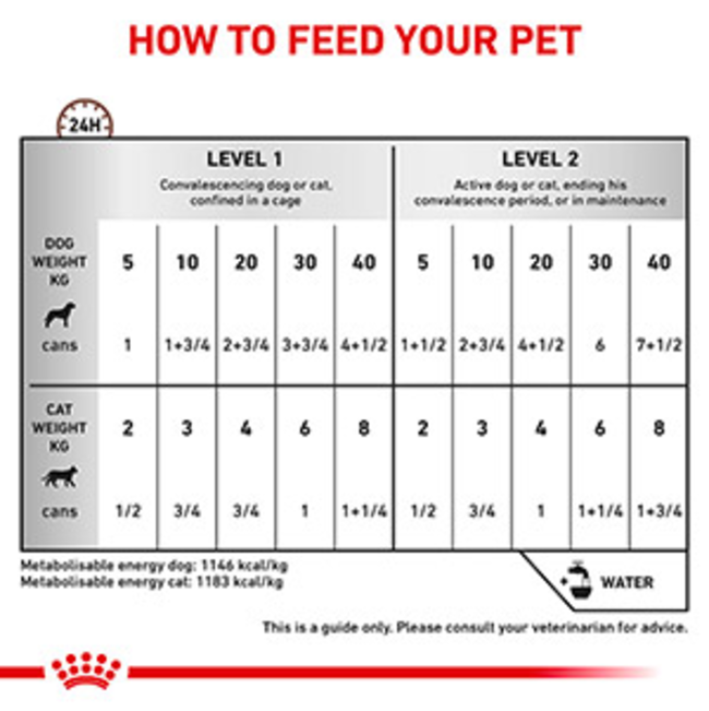 Royal Canin Recovery Tin Adult Wet Dog & Cat Food feeding guidelines