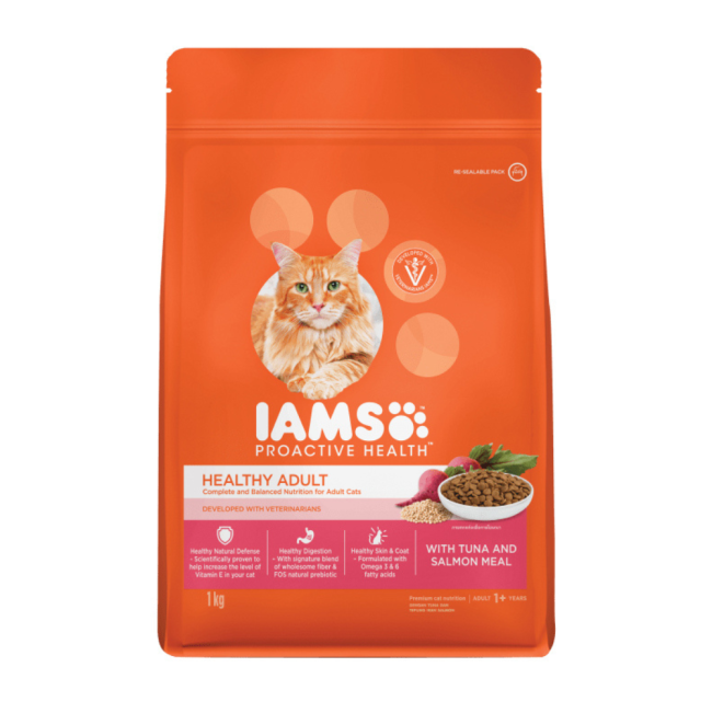 Bright orange bag of Iams adult ocean fish cat food