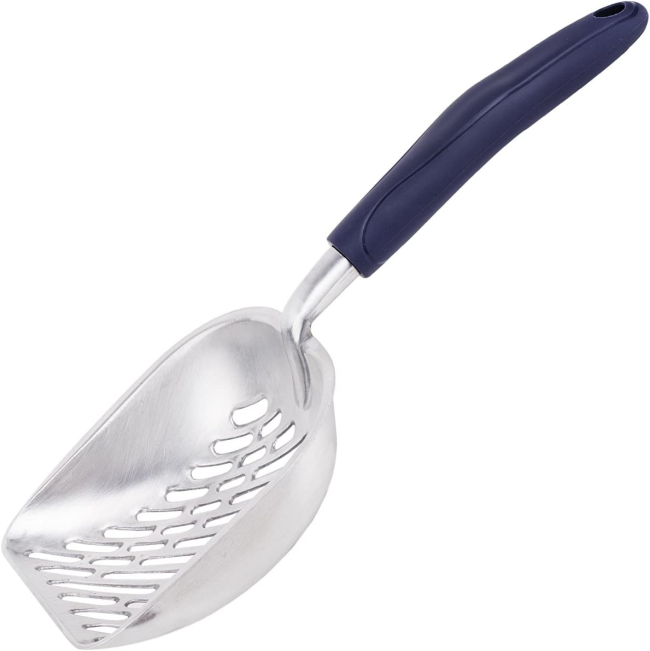 Chrome Cat Litter Scoop angled with chrome scoop and blue handle