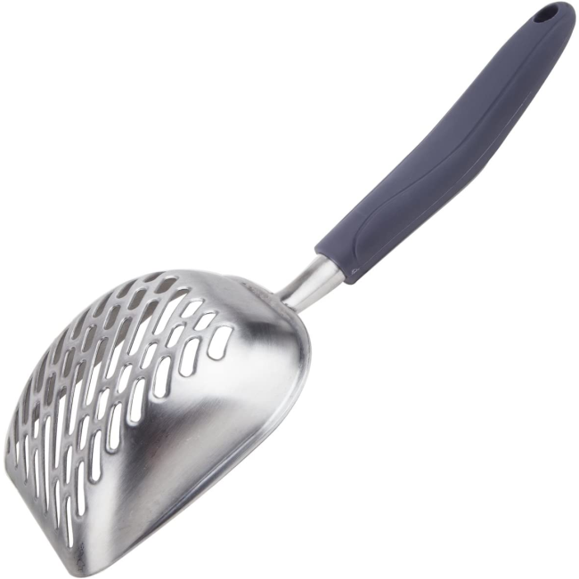 Chrome Cat Litter Scoop angled back view chrome scoop and blue handle