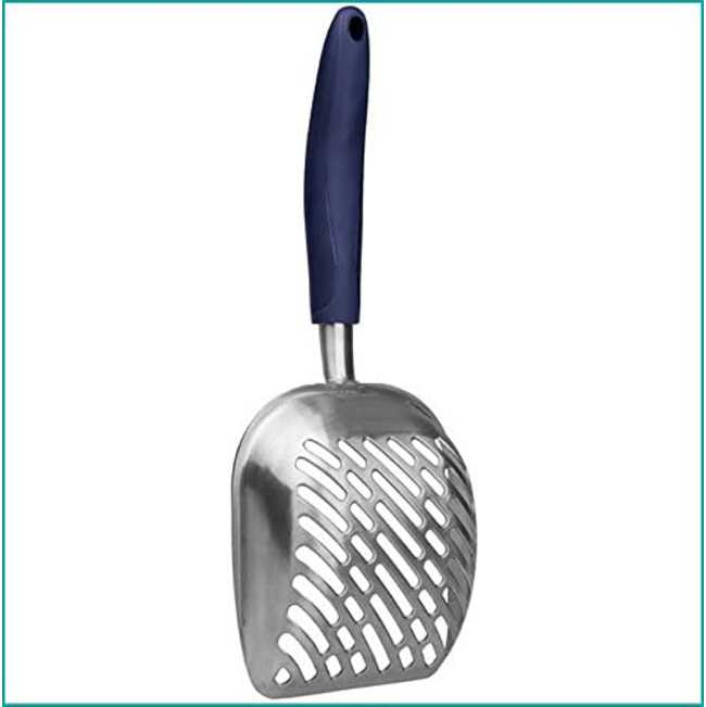 Chrome Cat Litter Scoop back view chrome scoop with blue handle