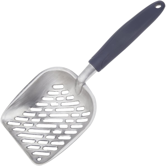 Chrome Cat Litter Scoop slight angle view chrome scoop with blue handle