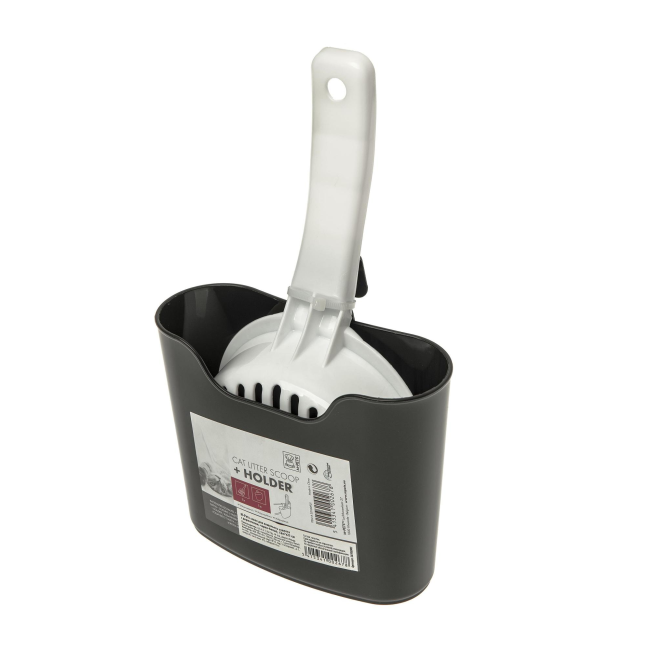 Cat Litter Scoop & Scoop Holder front view, white scoop and black holder