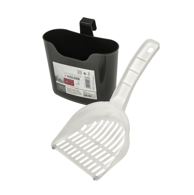Cat Litter Scoop & Scoop Holder white scoop out of black holder