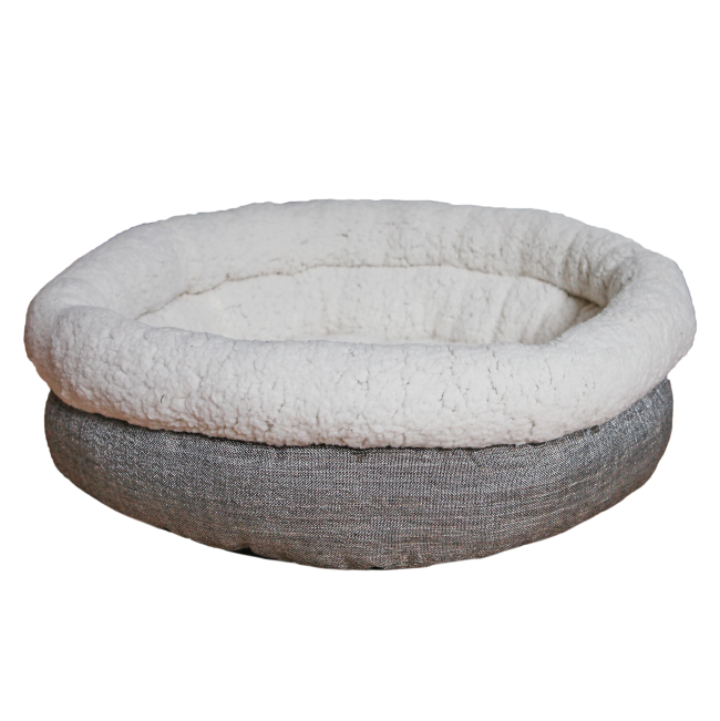 Deep Tweed Teddy Bear Pet Bed grey tweed outer and white fleece inner