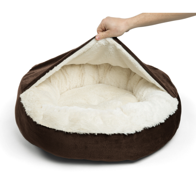 Cozy Cuddler Semi-Covered Pet Bed chocolate colour with blanket pulled opened