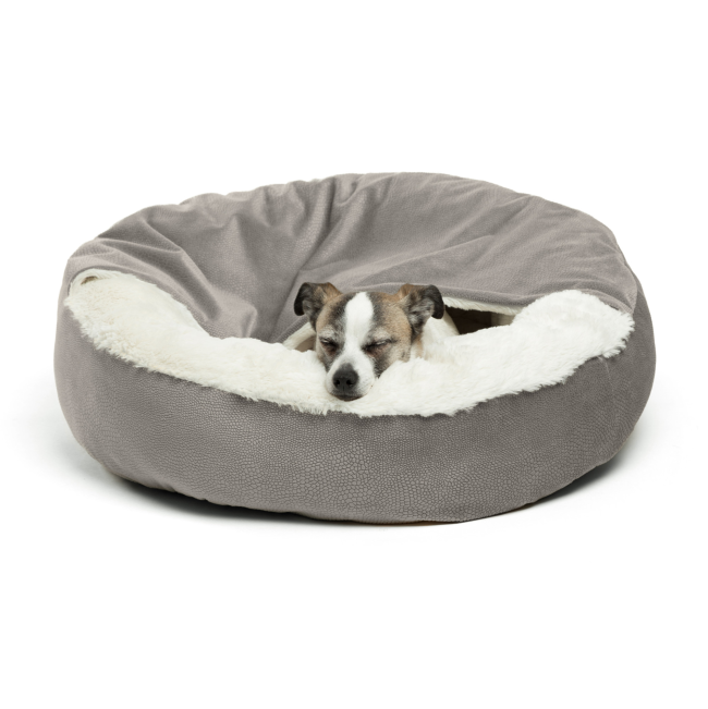 Cozy Cuddler Semi-Covered Pet Bed lifestyle image of grey bed with small breed dog