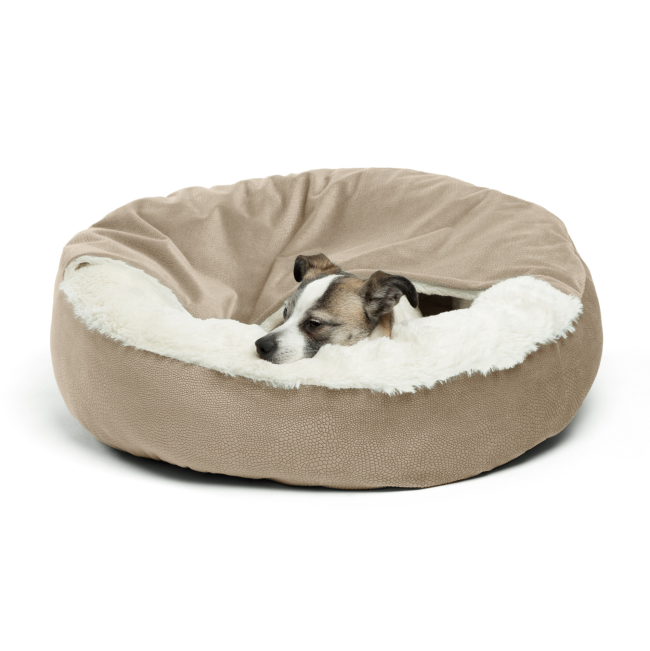Cozy Cuddler Semi-Covered Pet Bed wheat coloured bed Lifestyle image with small breed dog