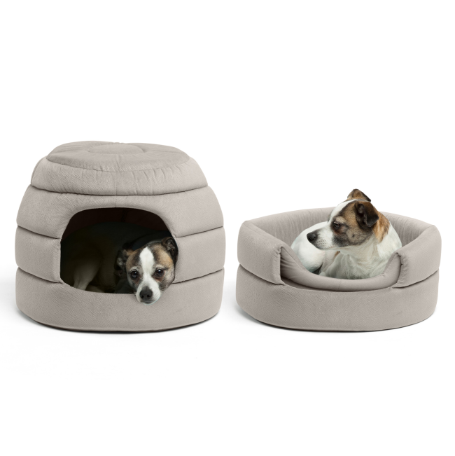 Honeycomb Covered Pet Bed grey colour lifestyle with opened and closed dogs