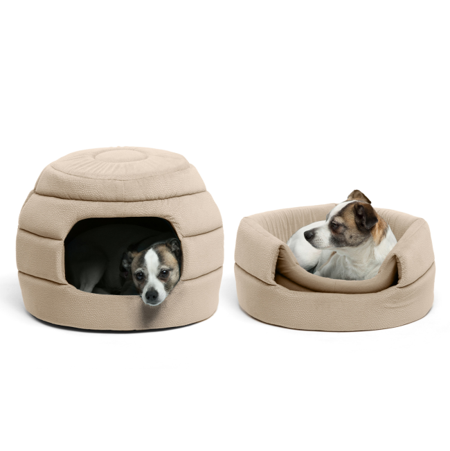 Honeycomb Covered Pet Bed wheat lifestyle opened and closed