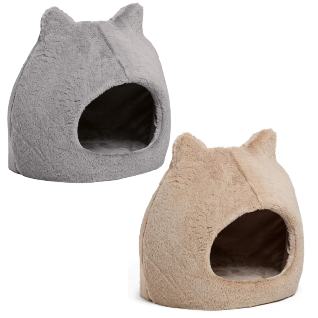 Meow Hut Covered Cat Bed | ePETstore grey and wheat