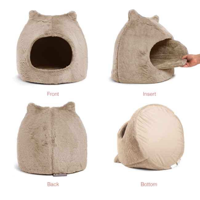 Meow Hut Covered Cat Bed wheat coloured bed with all angles