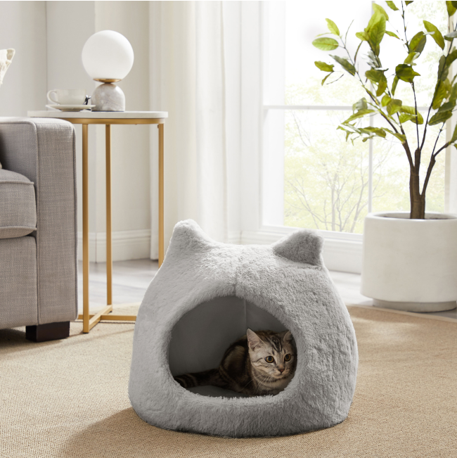 Meow Hut Covered Cat Bed grey lifestyle with cat inside