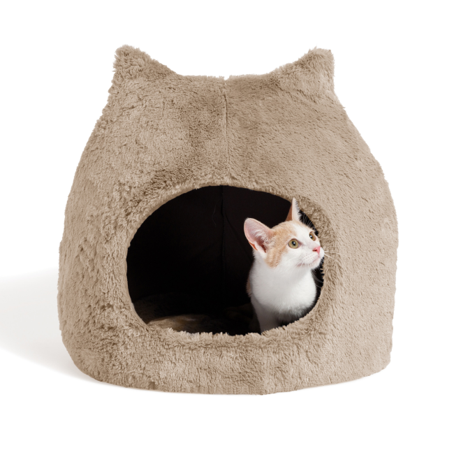 Meow Hut Covered Cat Bed wheat lifestyle with cat looking outside