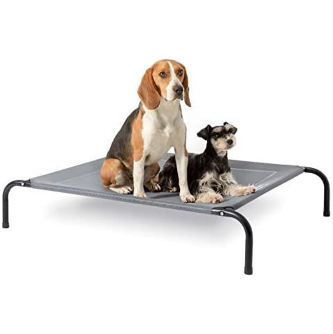 Hound Sleeper Patio Raised Dog Bed lifestyle with 2 small dogs