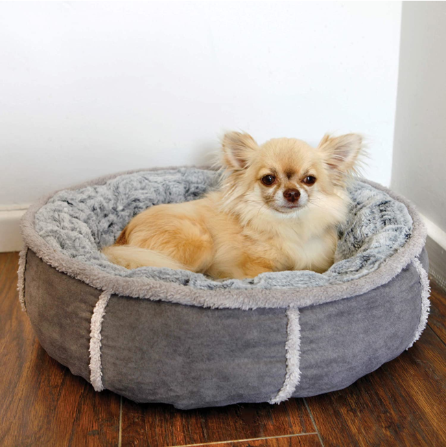 Deep Plush Grey Donut Pet Bed lifestyle with small dog
