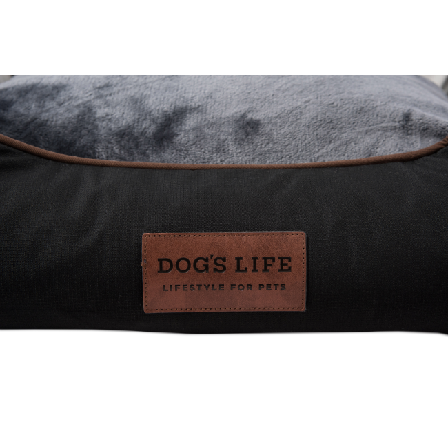 Dog's Life Premium Country Waterproof Bed - Black close up of front with dog's life logo
