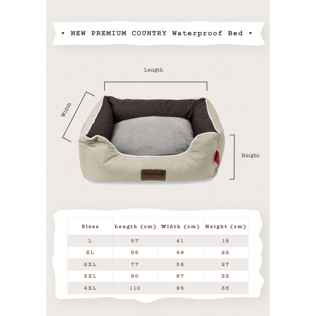Dog's Life Premium Country Waterproof Bed - Black sizing chart