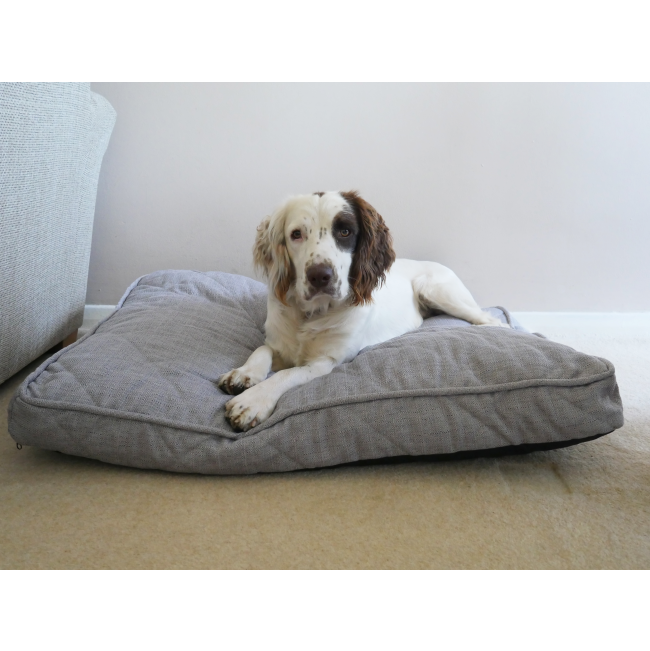 Grey Tweed Pet Mattress lifestyle with white and brown dog lying on grey mattress