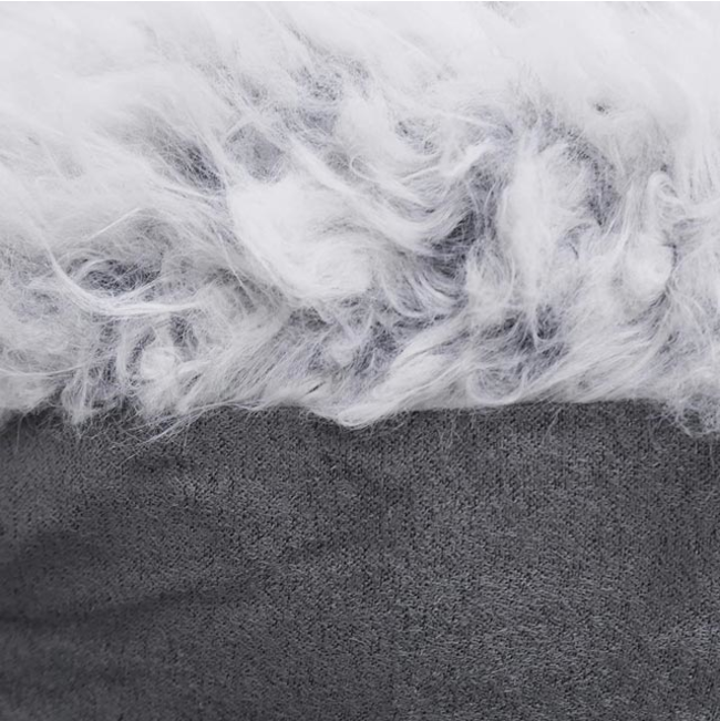 Lion Faux Suede Pet Bed close up of grey bed with fluffy inside