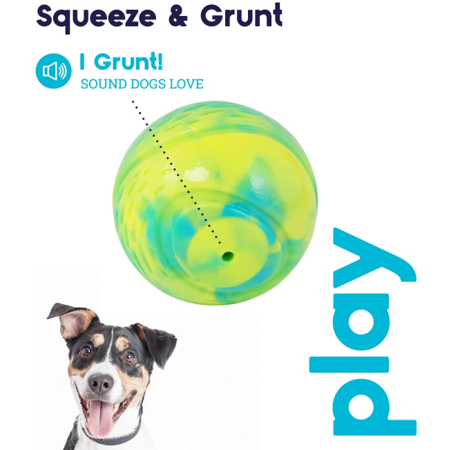Grunt Tennis Ball Dog Toy green makes a grunt noise
