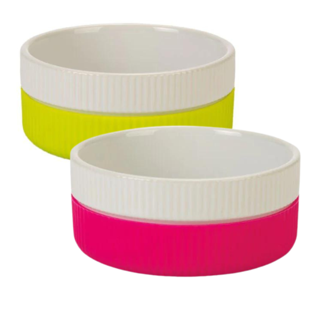 Ceramic & Silicone Cat Bowl pink and yellow