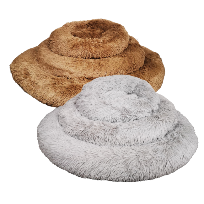 Stack of 3 different sizes of round fluffy pet beds
