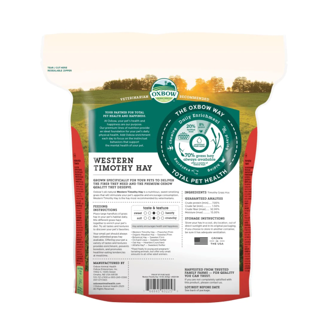 Western Timothy Feeding Hay for Small Pets back of packaging