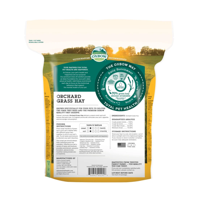 Orchard Grass Feeding Hay for Small Pets back of packaging