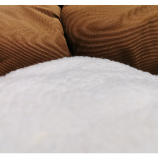 Marltons Box Sheepskin Pet Bed inside corner with sheepskin and brown material