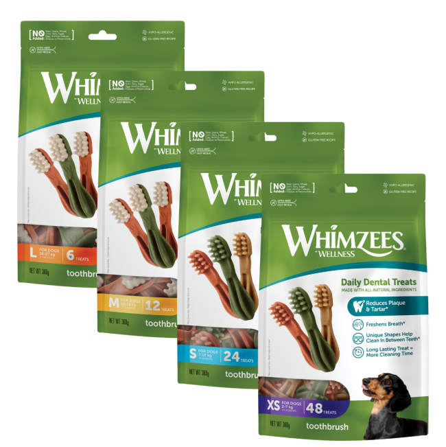 Group shots of different sizes value bags of Whimzees toothbrush treats