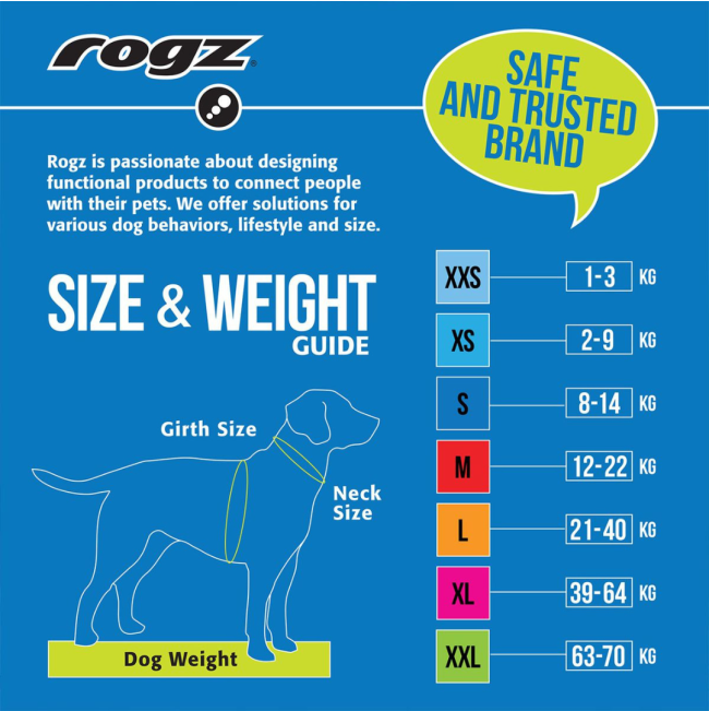 Rogz Control Dog Harness sizing chart