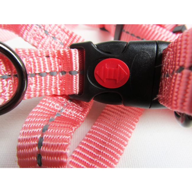 Reflective Supersoft Webbing Dog Harness close up of pink safety lock buckle