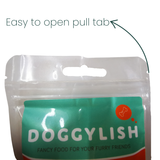 Doggylish Chicken Jerky Dog Treats easy to open pull tab