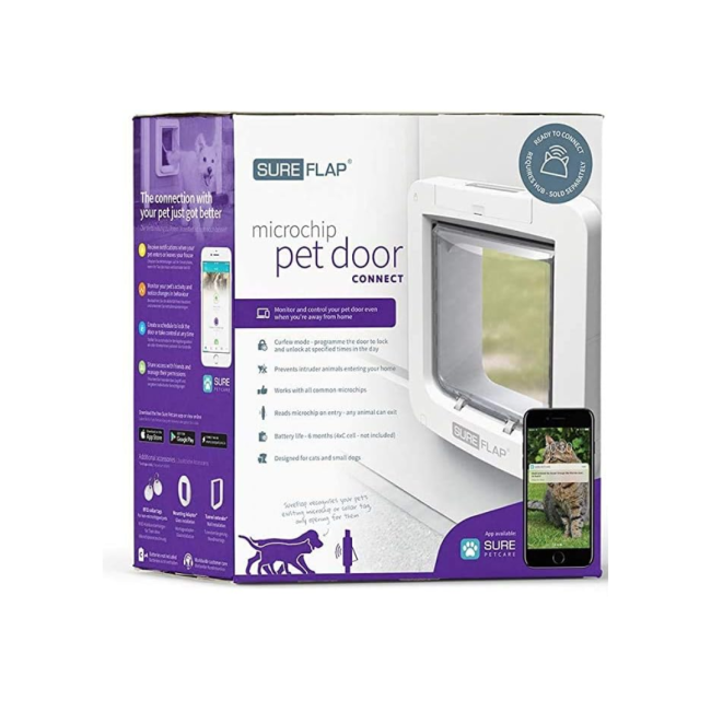 SureFlap Microchip Connect Pet Door in purple and white packaging